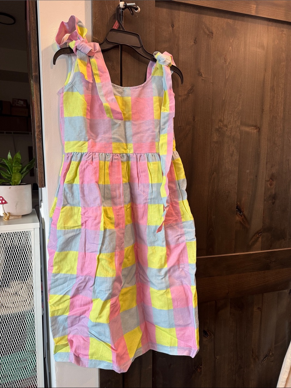 Wild & Pree Dorothy cotton candy plaid Tie-Shoulder Dress M